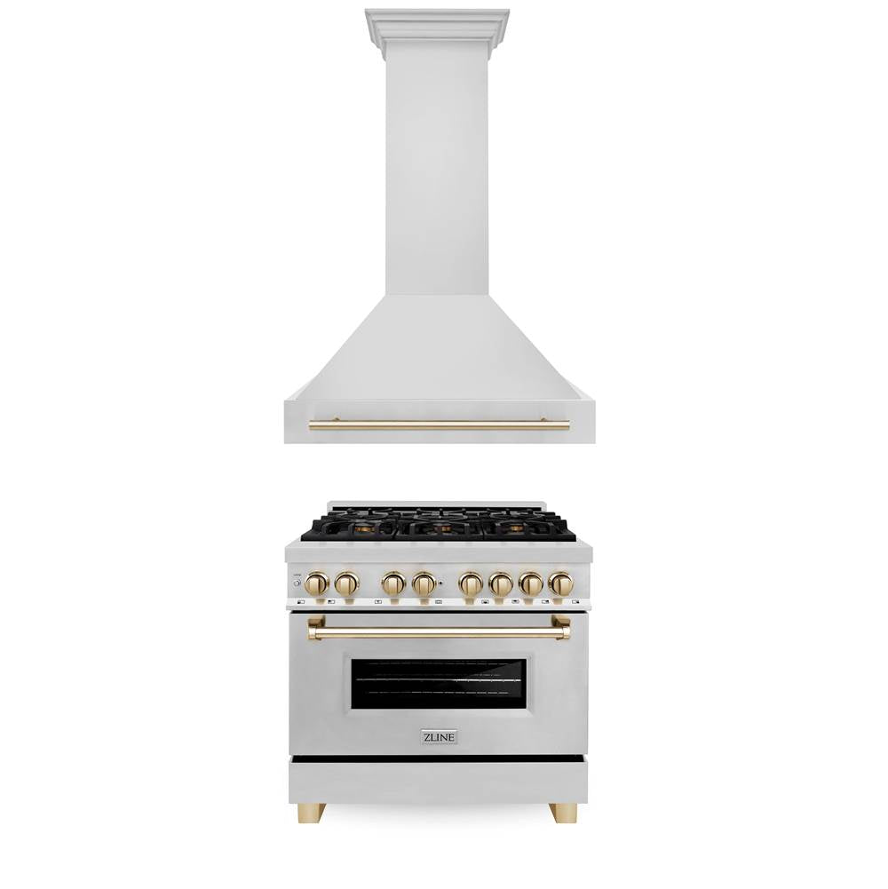 Z-Line - 36'' Autograph Edition Kitchen Package with Stainless Steel Dual Fuel Range and Range Hood with Gold Accents - Polished Gold