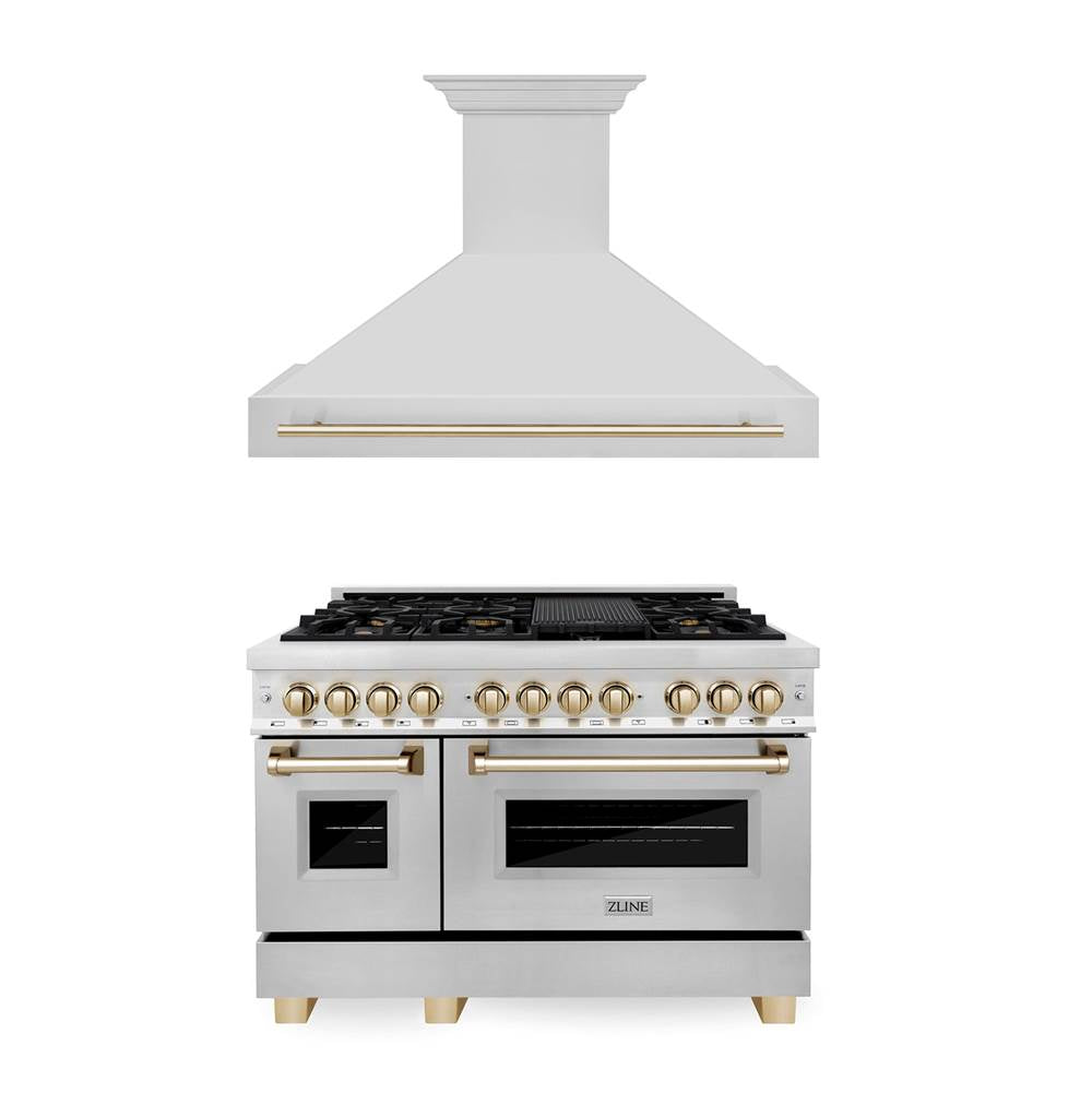 Z-Line - 48'' Autograph Edition Kitchen Package with Stainless Steel Dual Fuel Range and Range Hood with Champagne Bronze Accents - Matte Black