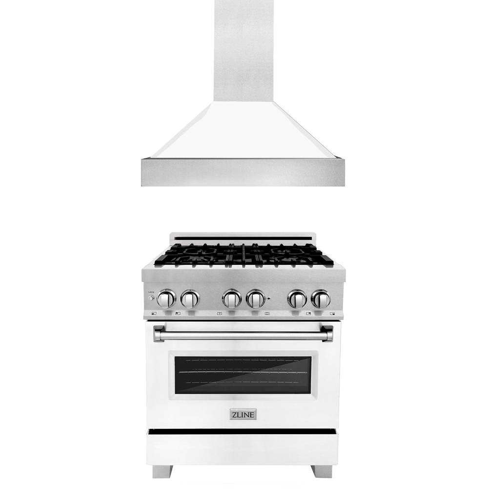Z-Line - 30'' Kitchen Package with DuraSnow Stainless Steel Dual Fuel Range with White Matte Door and Convertible Vent Range Hood - Stainless Steel