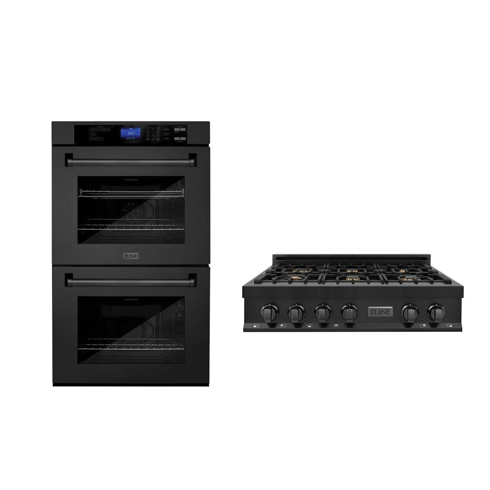 Z-Line - Kitchen Package with 36'' Black Stainless Steel Rangetop and 30'' Double Wall Oven - Black Stainless