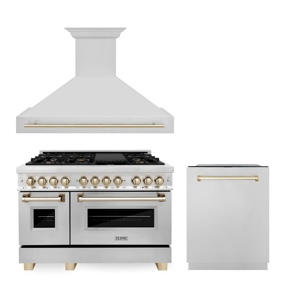Z-Line - 48'' Autograph Edition Kitchen Package with Stainless Steel Dual Fuel Range, Range Hood and Dishwasher with Champagne Bronze Accents - Champagne Bronze