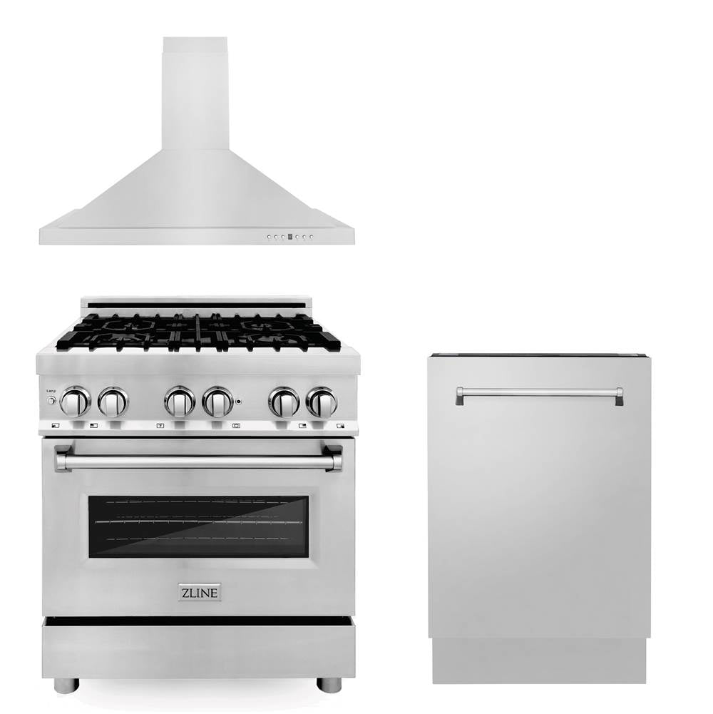Z-Line - 30'' Kitchen Package with Stainless Steel Dual Fuel Range, Convertible Vent Range Hood and Tall Tub Dishwasher - Stainless Steel