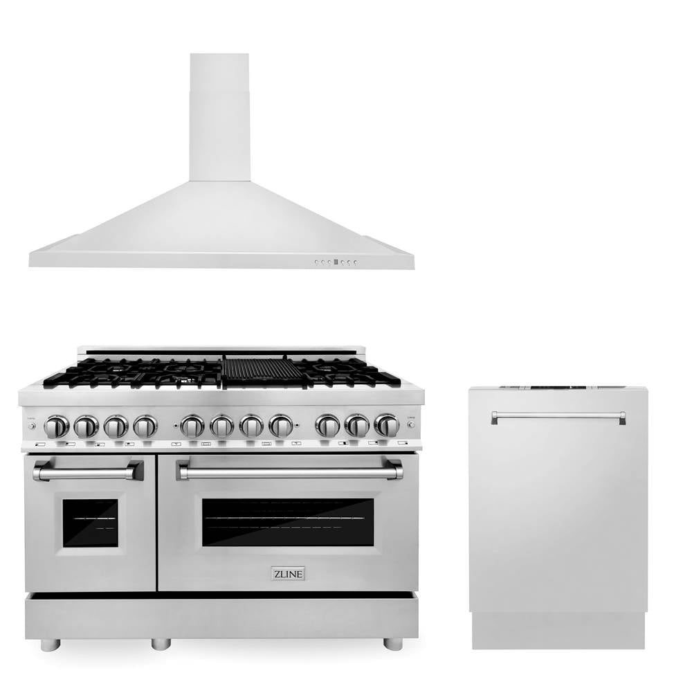 Z-Line - 48'' Kitchen Package with Stainless Steel Dual Fuel Range, Convertible Vent Range Hood and Dishwasher - Stainless Steel