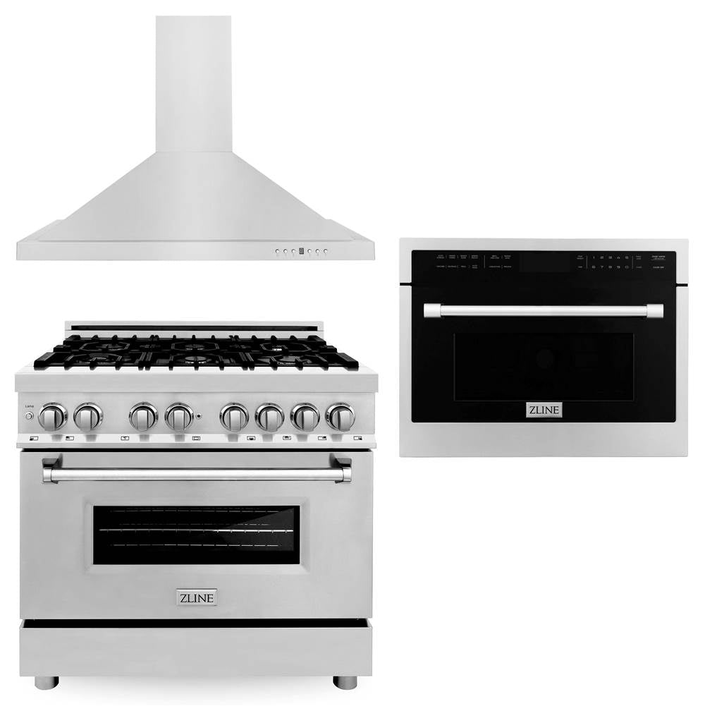 Z-Line - 36'' Kitchen Package with Stainless Steel Dual Fuel Range, Convertible Vent Range Hood and 24'' Microwave Oven