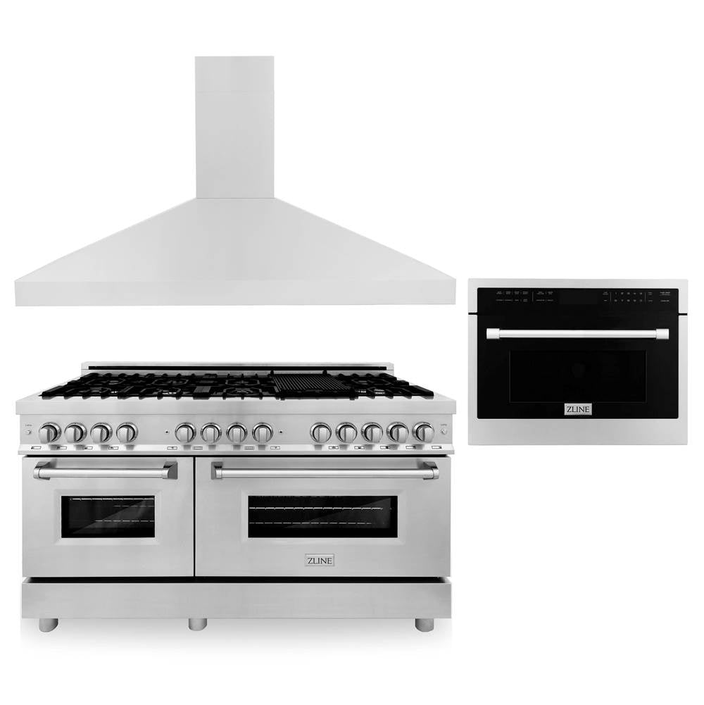 Z-Line - 60'' Kitchen Package with Stainless Steel Dual Fuel Range, Convertible Vent Range Hood and 24'' Microwave Oven