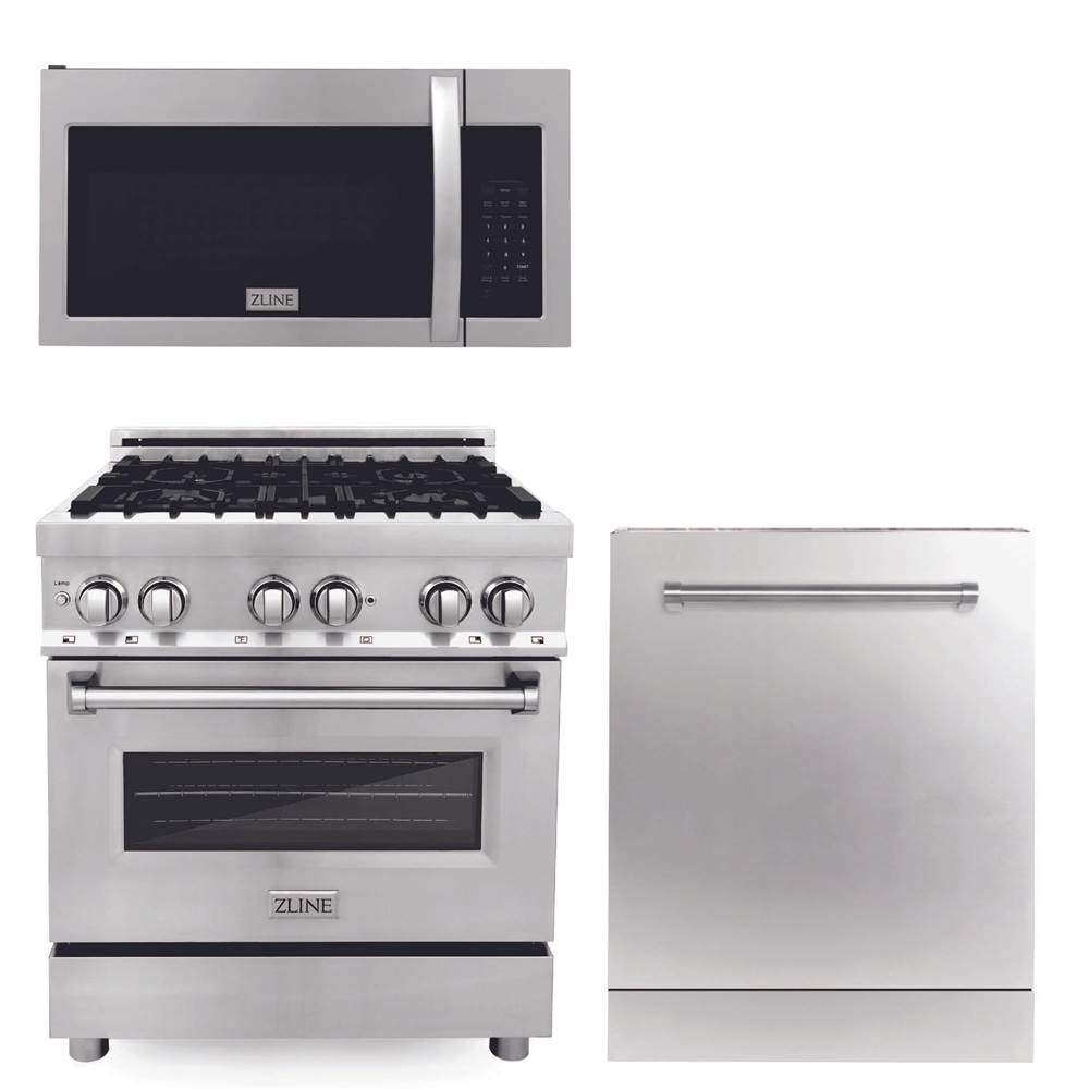 Z-Line - 30'' Kitchen Package with Stainless Steel Gas Range, Modern Over The Range Microwave and Dishwasher - Stainless Steel