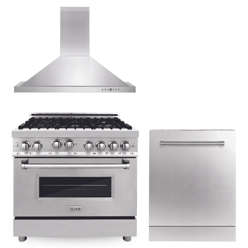 Z-Line - 36'' Kitchen Package with Stainless Steel Gas Range, Convertible Vent Range Hood and Dishwasher - Stainless Steel