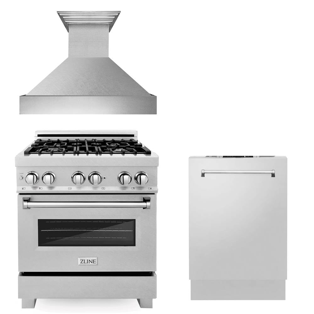 Z-Line - 30'' Kitchen Package with DuraSnow Stainless Steel Gas Range, Ducted Range Hood and Dishwasher - Stainless Steel