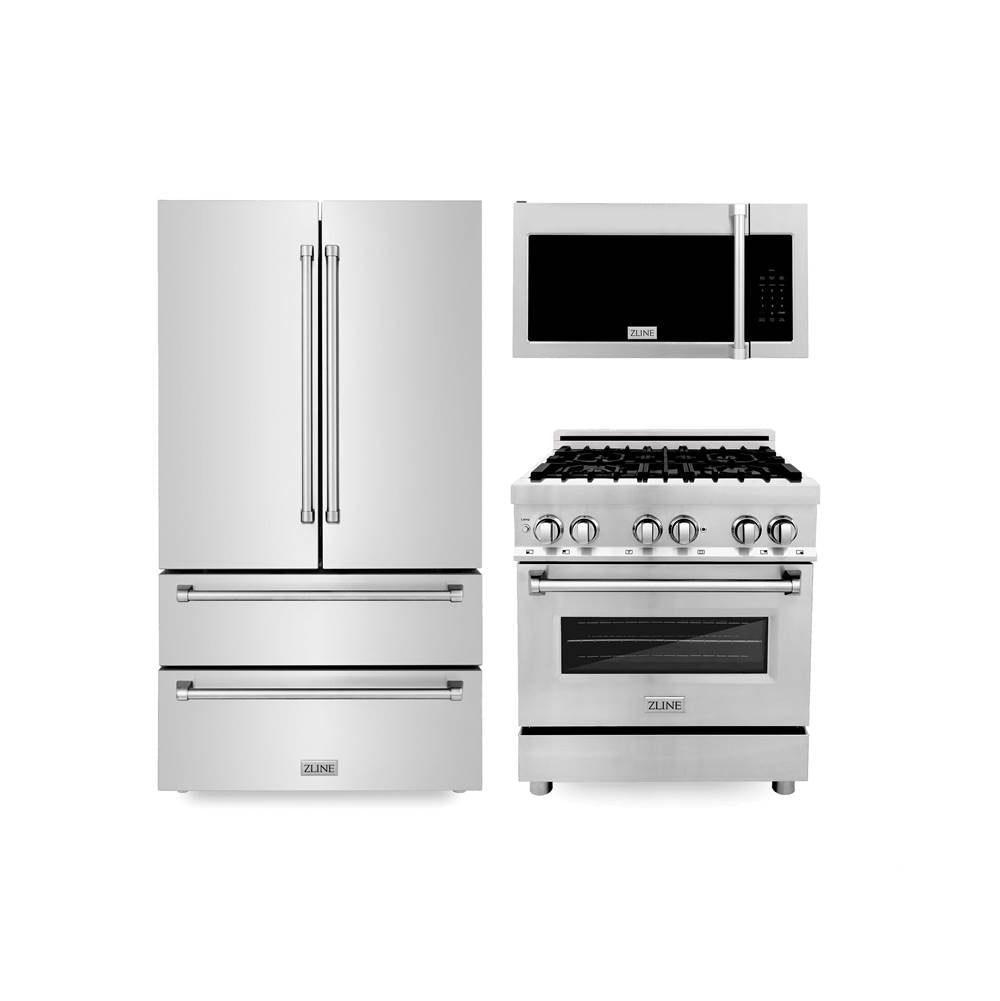 Z-Line - Kitchen Package with Stainless Steel Refrigeration, 30'' Dual Fuel Range and Traditional Over the Range Microwave - Stainless Steel