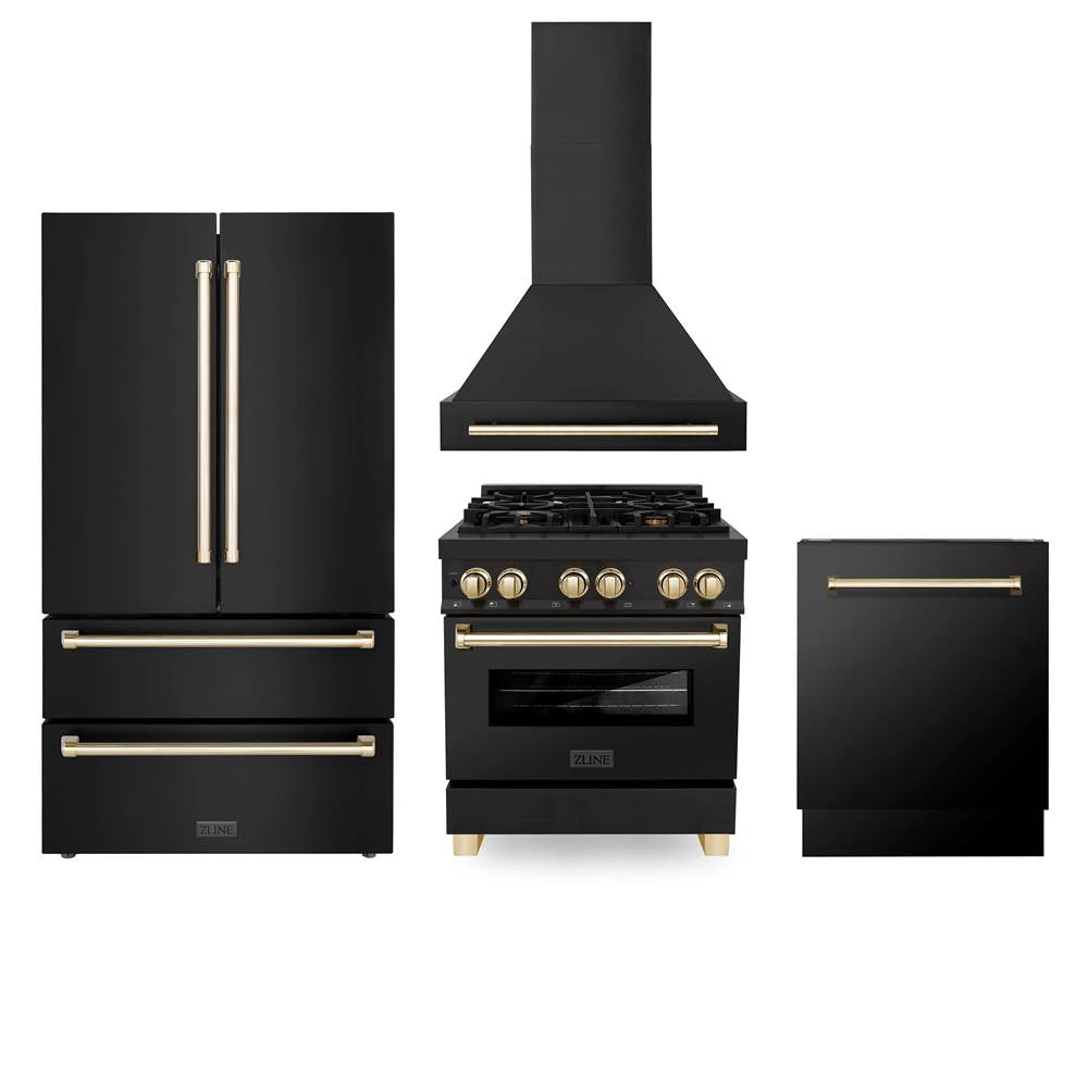 Z-Line - 30'' Autograph Edition Kitchen Package with Black Stainless Steel Dual Fuel Range, Range Hood, Dishwasher and Refrigeration with Gold Accents - Polished Gold