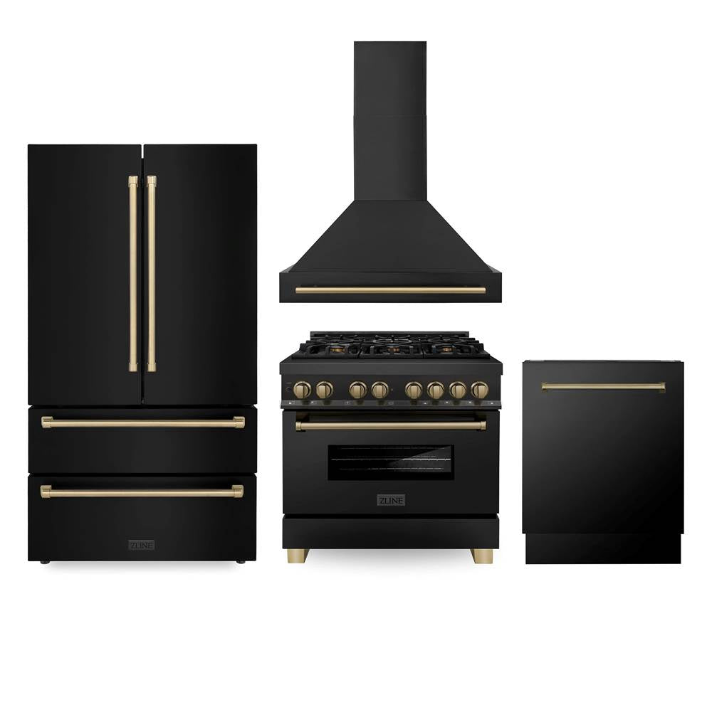 Z-Line - 36'' Autograph Edition Kitchen Package with Black Stainless Steel Dual Fuel Range, Range Hood, Dishwasher and Refrigeration with Champagne Bronze Accents - Champagne Bronze
