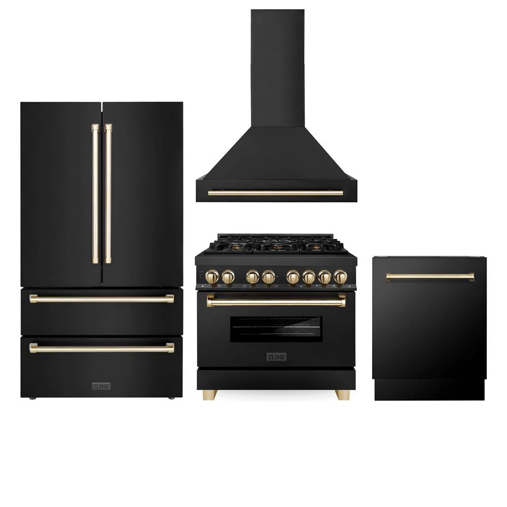 Z-Line - 36'' Autograph Edition Kitchen Package with Black Stainless Steel Dual Fuel Range, Range Hood, Dishwasher and Refrigeration with Gold Accents - Polished Gold