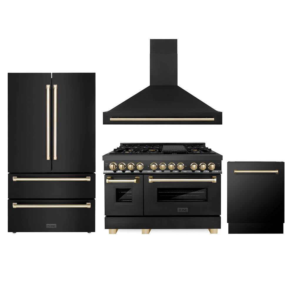 Z-Line - 48'' Autograph Edition Kitchen Package with Black Stainless Steel Dual Fuel Range, Range Hood, Dishwasher and Refrigeration with Gold Accents - Polished Gold