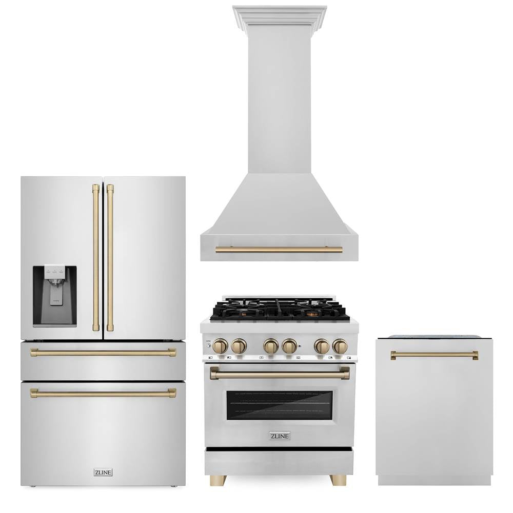 Z-Line - 30'' Autograph Edition Kitchen Package with Stainless Steel Dual Fuel Range, Range Hood, Dishwasher and Refrigeration with Champagne Bronze Accents - Champagne Bronze
