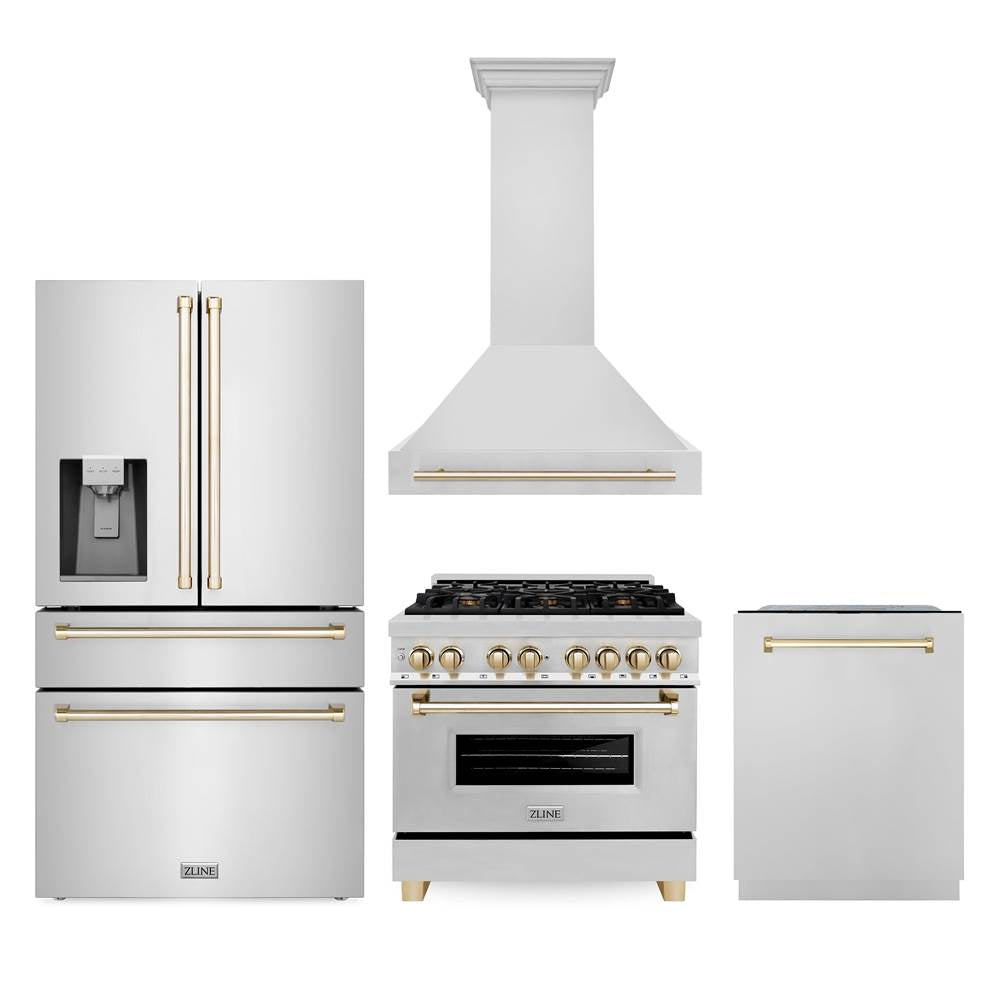 Z-Line - 36'' Autograph Edition Kitchen Package with Stainless Steel Dual Fuel Range, Range Hood, Dishwasher and Refrigeration with Gold Accents - Polished Gold