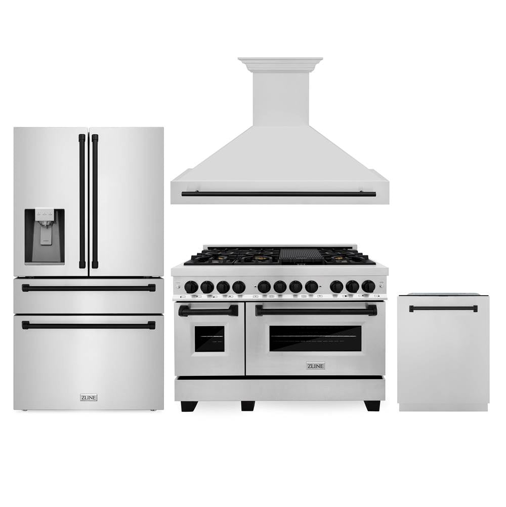 Z-Line - 48'' Autograph Edition Kitchen Package with Stainless Steel Dual Fuel Range, Range Hood, Dishwasher and Refrigeration with Matte Black Accents - Matte Black