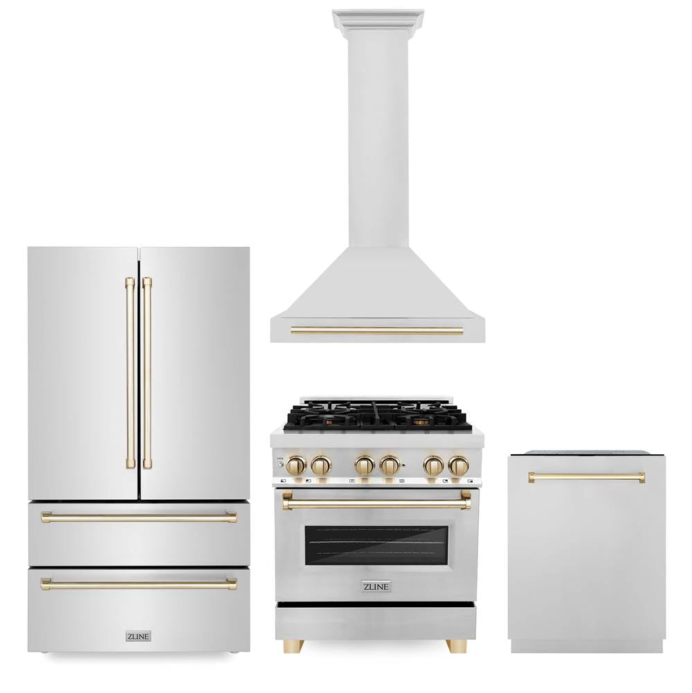 Z-Line - 30'' Autograph Edition Kitchen Package with Stainless Steel Dual Fuel Range, Range Hood, Dishwasher and Refrigeration with Gold Accents - Polished Gold