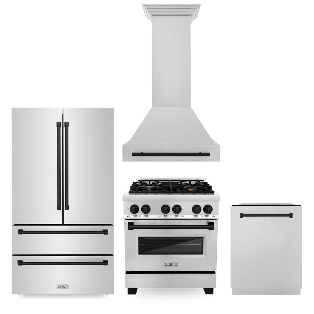 Z-Line - 30'' Autograph Edition Kitchen Package with Stainless Steel Dual Fuel Range, Range Hood, Dishwasher and Refrigeration with Matte Black Accents - Matte Black