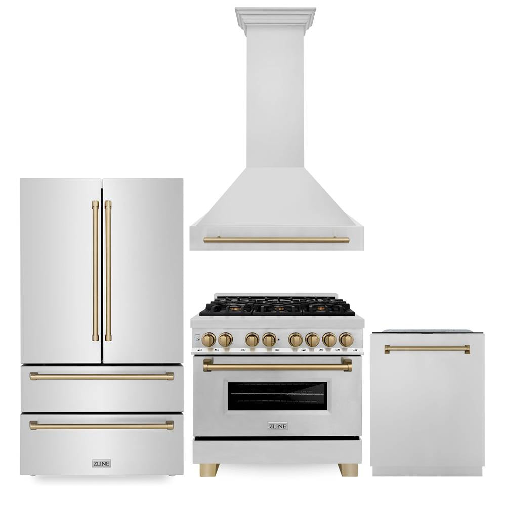 Z-Line - 36'' Autograph Edition Kitchen Package with Stainless Steel Dual Fuel Range, Range Hood, Dishwasher and Refrigeration with Champagne Bronze Accents - Champagne Bronze
