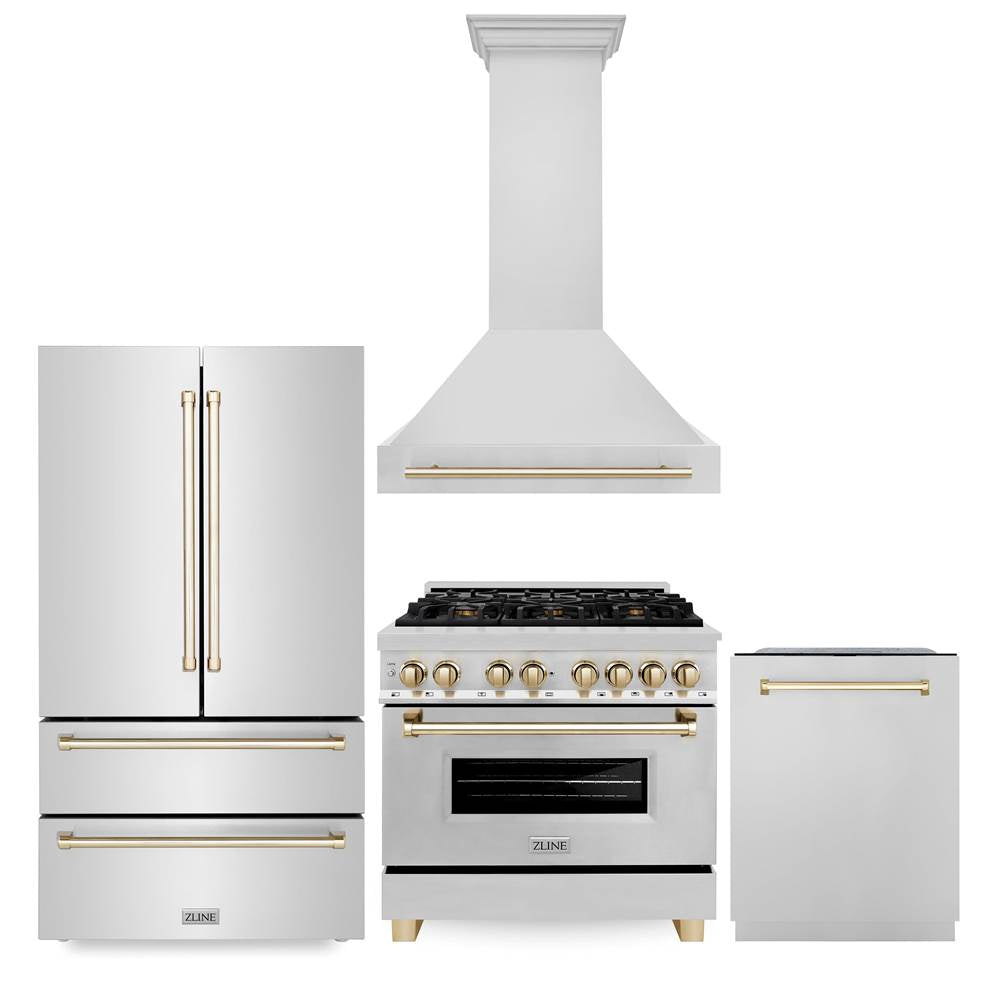 Z-Line - 36'' Autograph Edition Kitchen Package with Stainless Steel Dual Fuel Range, Range Hood, Dishwasher and Refrigeration with Gold Accents - Polished Gold