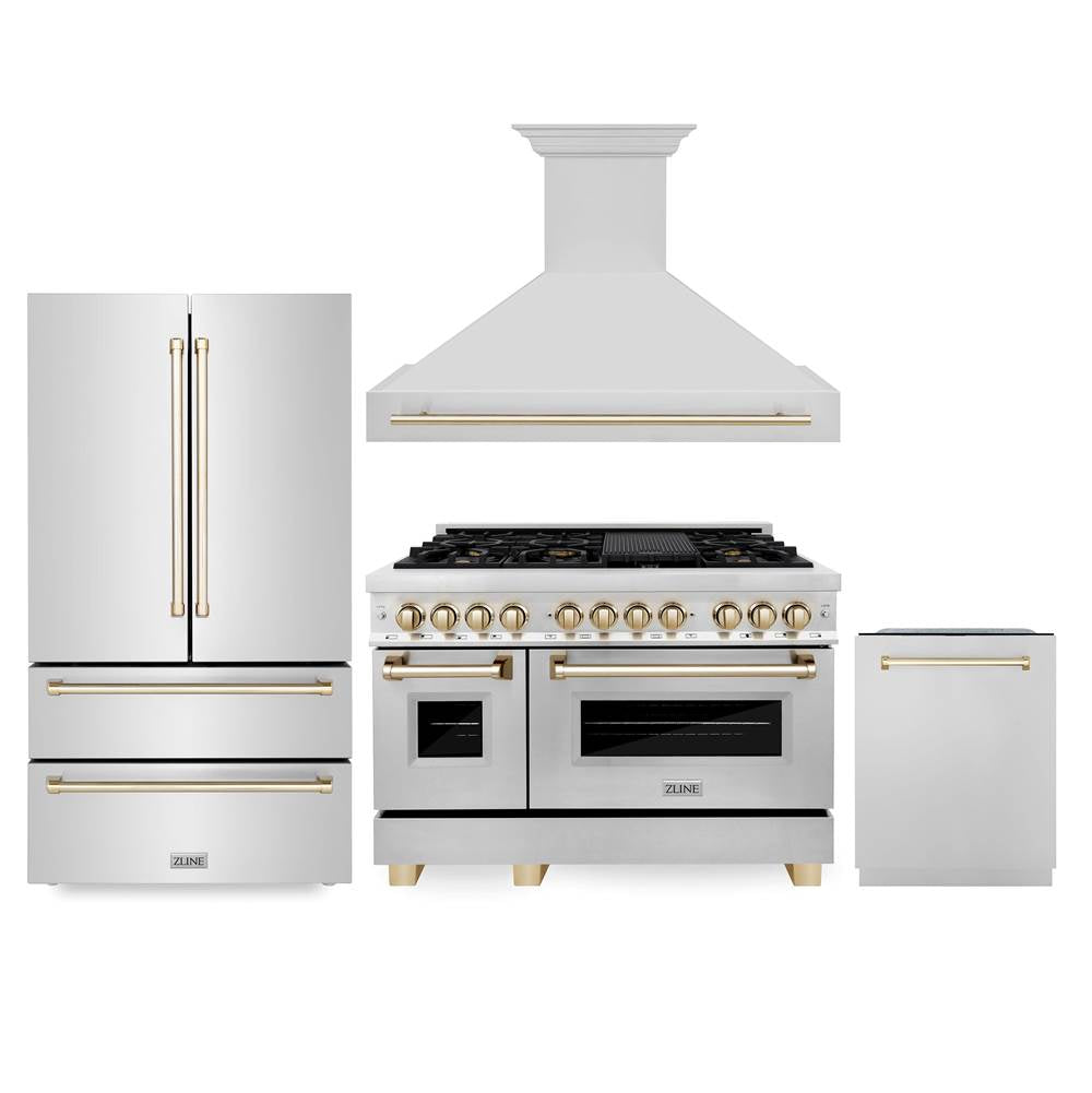 Z-Line - 48'' Autograph Edition Kitchen Package with Stainless Steel Dual Fuel Range, Range Hood, Dishwasher and Refrigeration with Gold Accents - Polished Gold