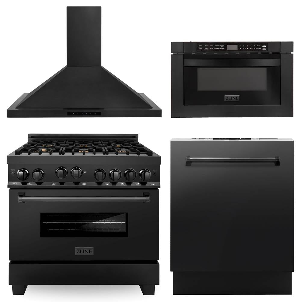 Z-Line - 36'' Kitchen Package with Black Stainless Steel Gas Range, Range Hood, Microwave Drawer and Dishwasher - Black Stainless