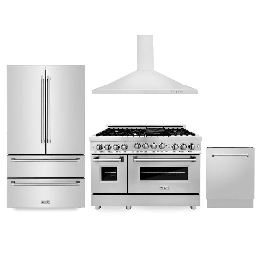 Z-Line - Kitchen Package with Refrigeration, 48'' Stainless Steel Gas Range, 48'' Convertible Vent Range Hood and 24'' Tall Tub Dishwasher - Stainless Steel