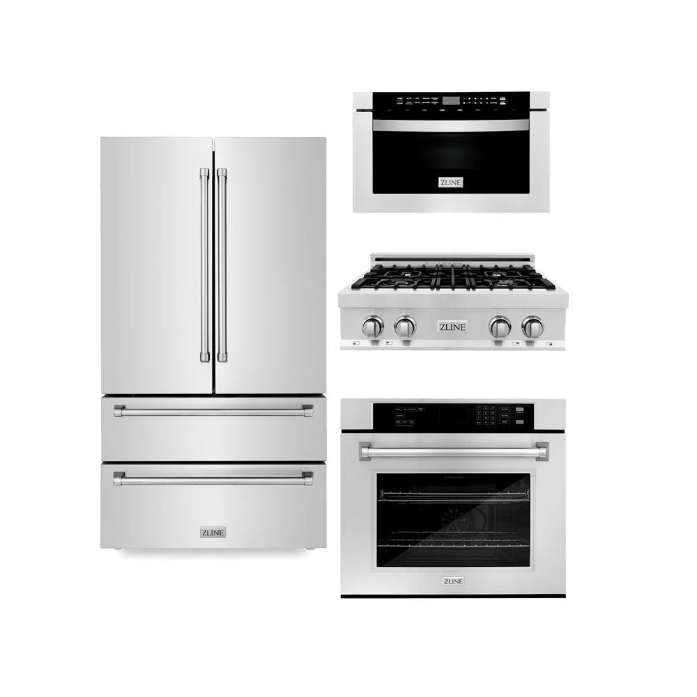 Z-Line - Kitchen Package with Refrigeration, 30'' Stainless Steel Rangetop, 30'' Single Wall Oven, 30'' Microwave Oven - Stainless Steel