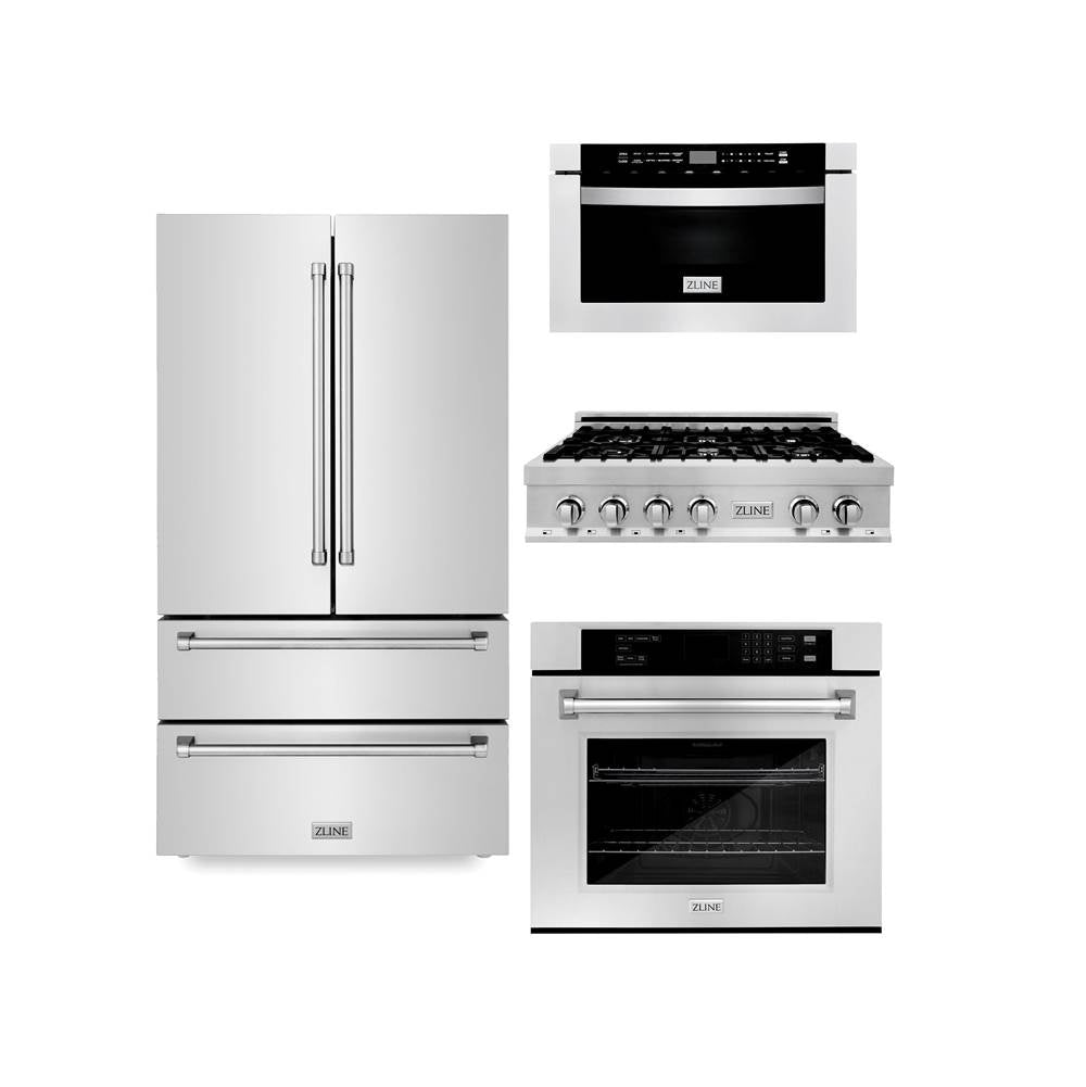 Z-Line - Kitchen Package with Refrigeration, 36'' Stainless Steel Rangetop, 30'' Single Wall Oven, 30'' Microwave Oven - Stainless Steel