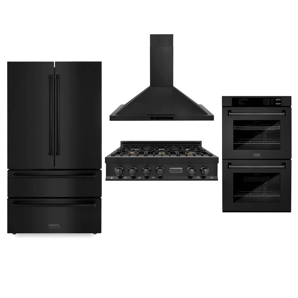 Z-Line - Kitchen Package with Black Stainless Steel Refrigeration, 36'' Rangetop, 36'' Range Hood and 30'' Double Wall Oven - Black Stainless Steel