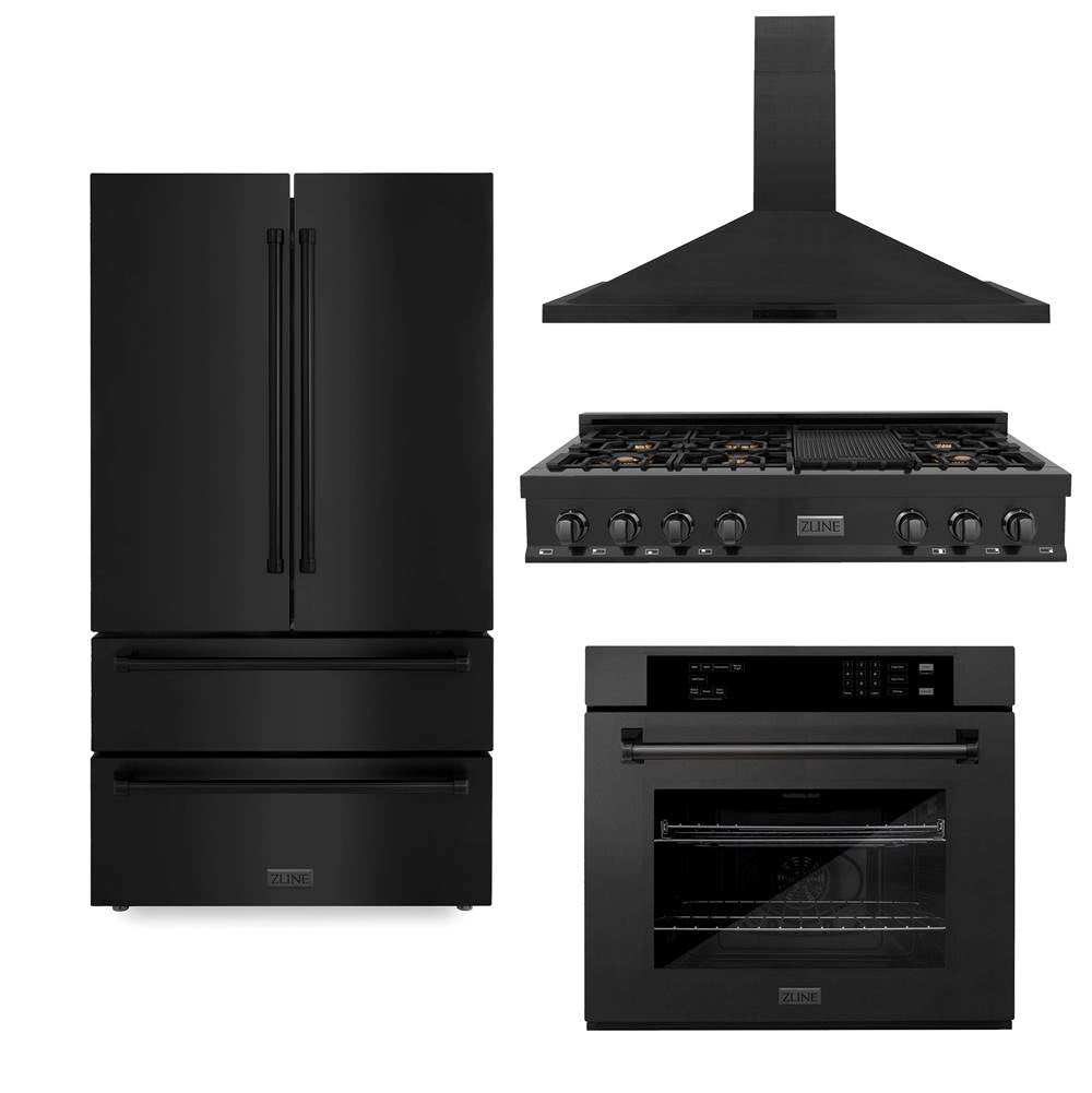 Z-Line - Kitchen Package with Black Stainless Steel Refrigeration, 48'' Rangetop, 48'' Range Hood and 30'' Single Wall Oven - Black Stainless Steel