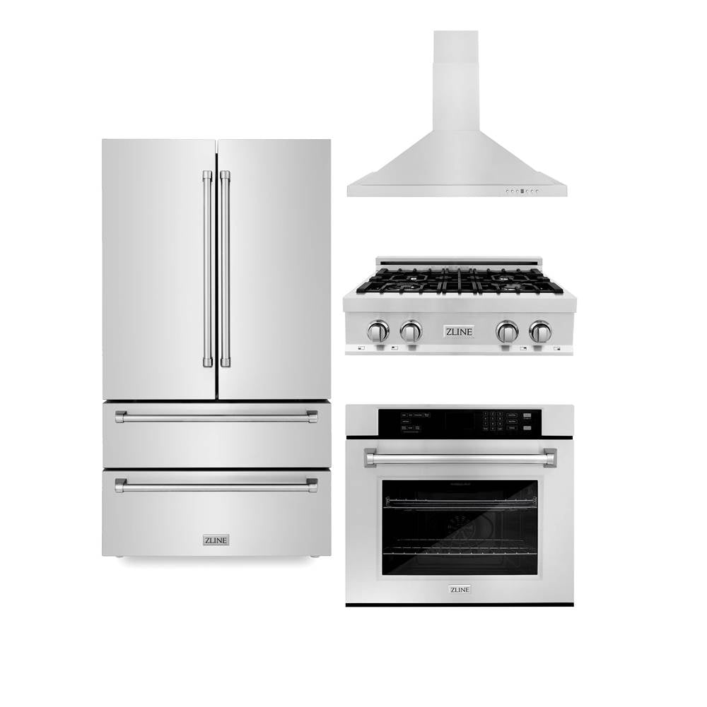 Z-Line - Kitchen Package with Refrigeration, 30'' Stainless Steel Rangetop, 30'' Range Hood and 30'' Single Wall Oven - Stainless Steel