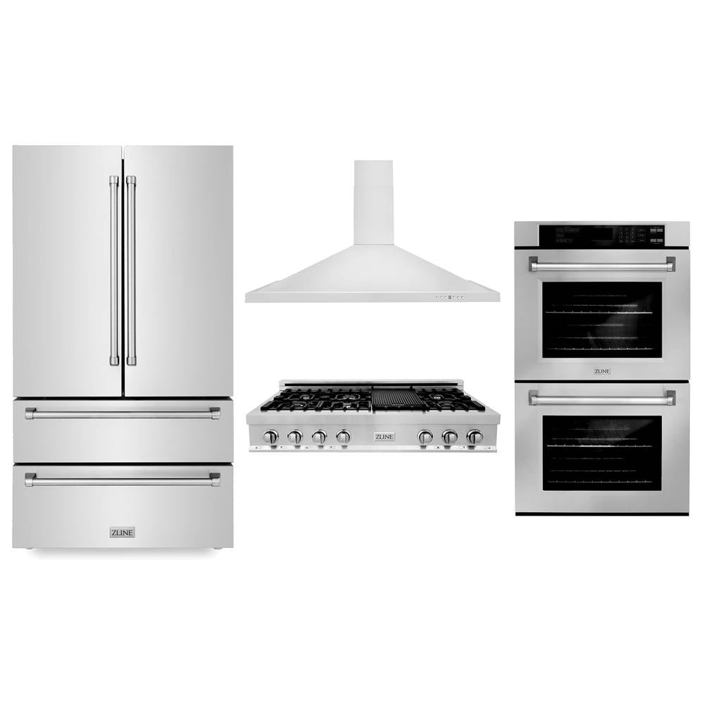 Z-Line - Kitchen Package with Refrigeration, 48'' Stainless Steel Rangetop, 48'' Range Hood and 30'' Double Wall Oven - Stainless Steel