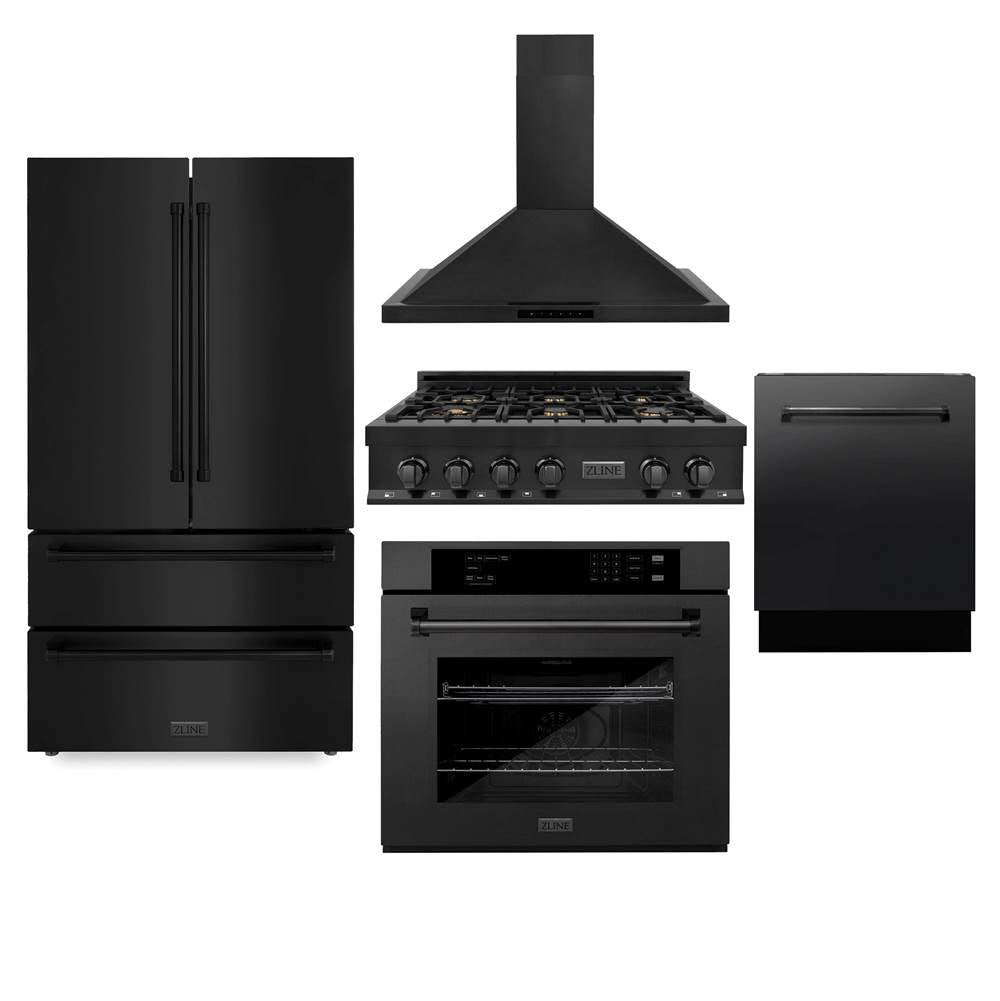 Z-Line - Kitchen Package with Black Stainless Steel Refrigeration, 36'' Rangetop, 36'' Range Hood, 30'' Single Wall Oven, and 24'' Tall Tub Dishwasher - Black Stainless Steel