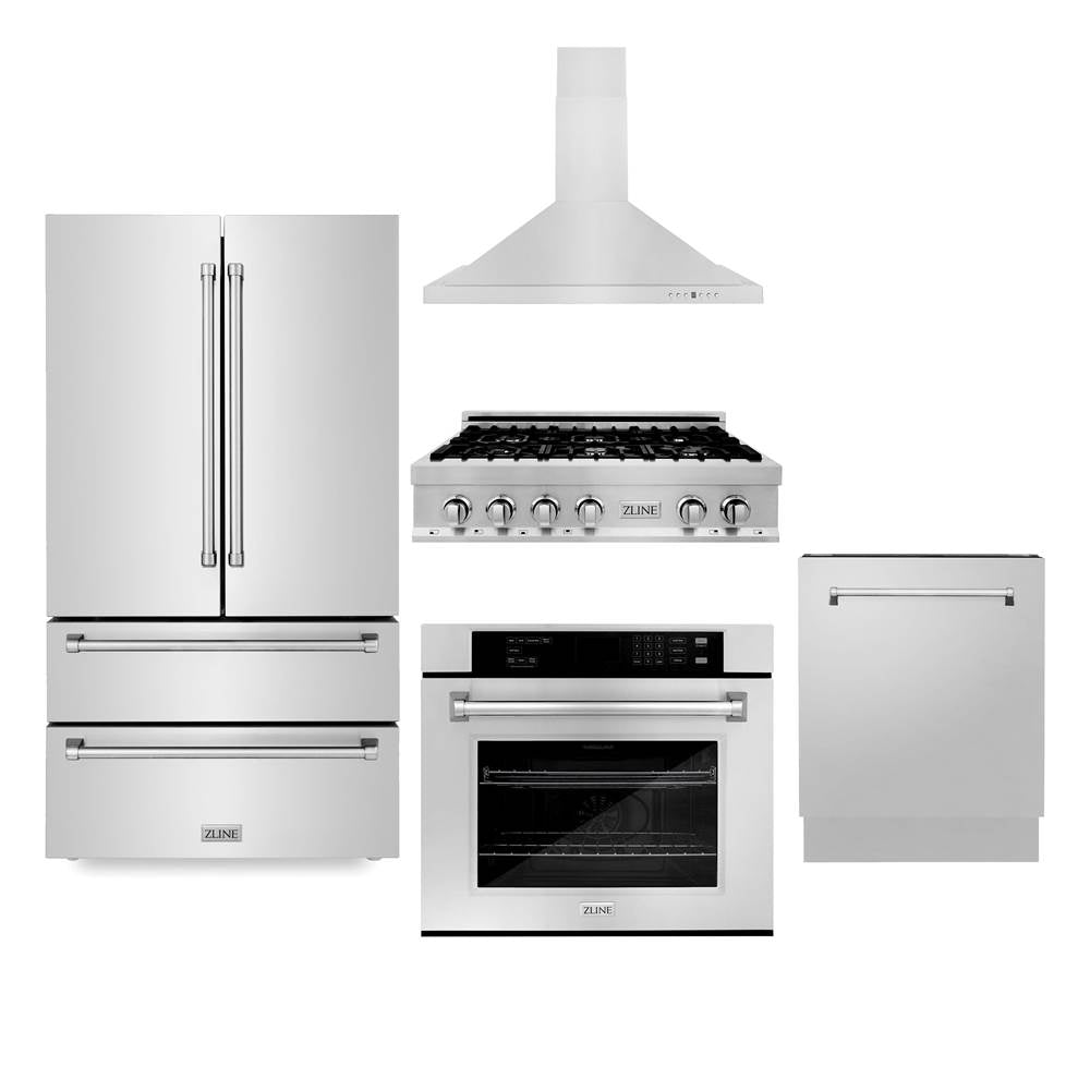 Z-Line - Kitchen Package with Refrigeration, 36'' Stainless Steel Rangetop, 36'' Range Hood, 30'' Single Wall Oven and 24'' Tall Tub Dishwasher - Stainless Steel