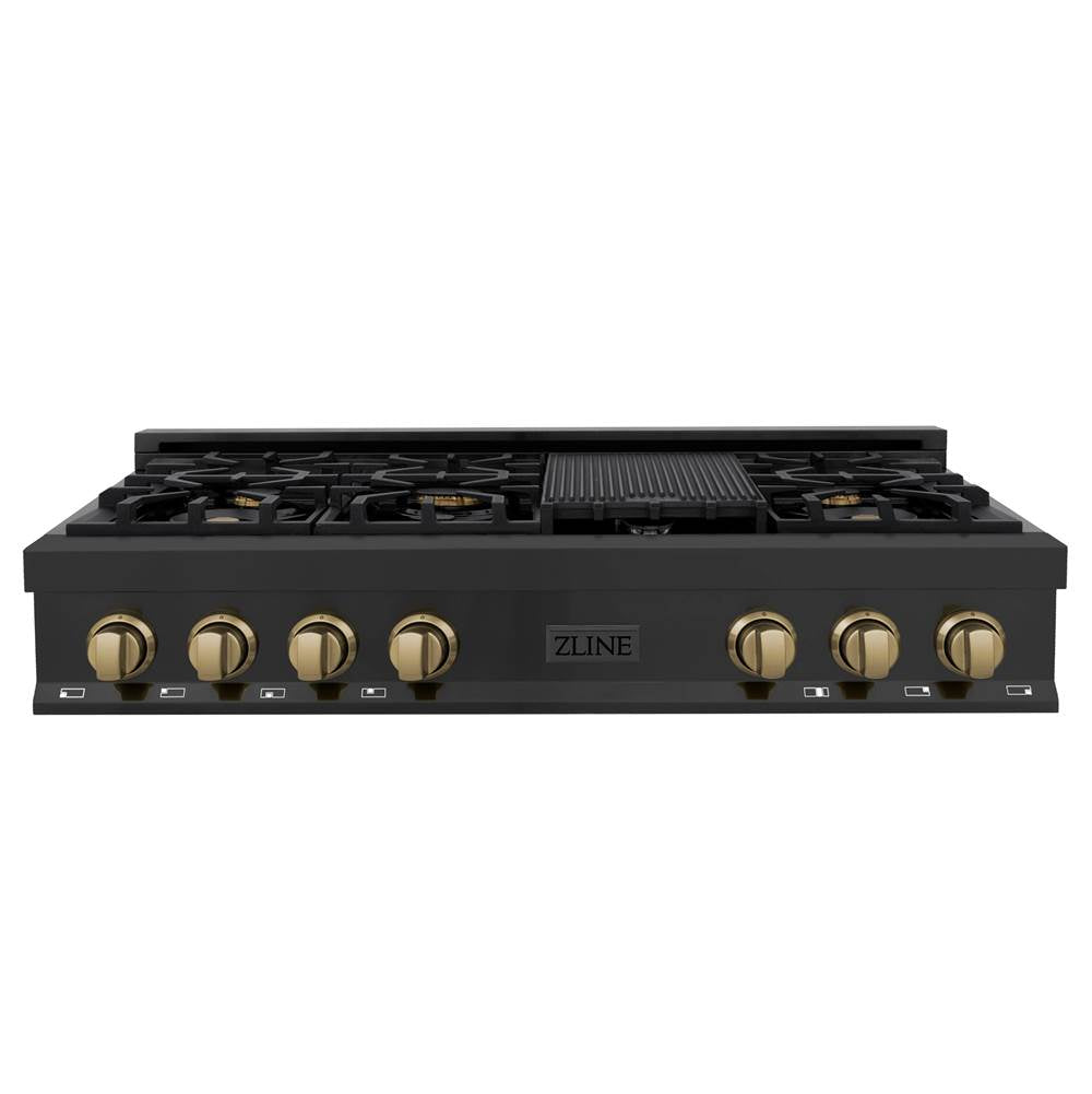 Autograph Edition 48'' Porcelain Rangetop with 7 Gas Burners in Black Stainless Steel and Champagne Bronze Accents