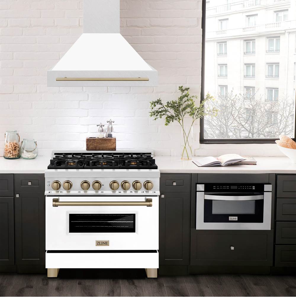 36'' Autograph Edition DuraSnow Stainless Steel Range Hood with White Matte Shell and Champagne Bronze Handle