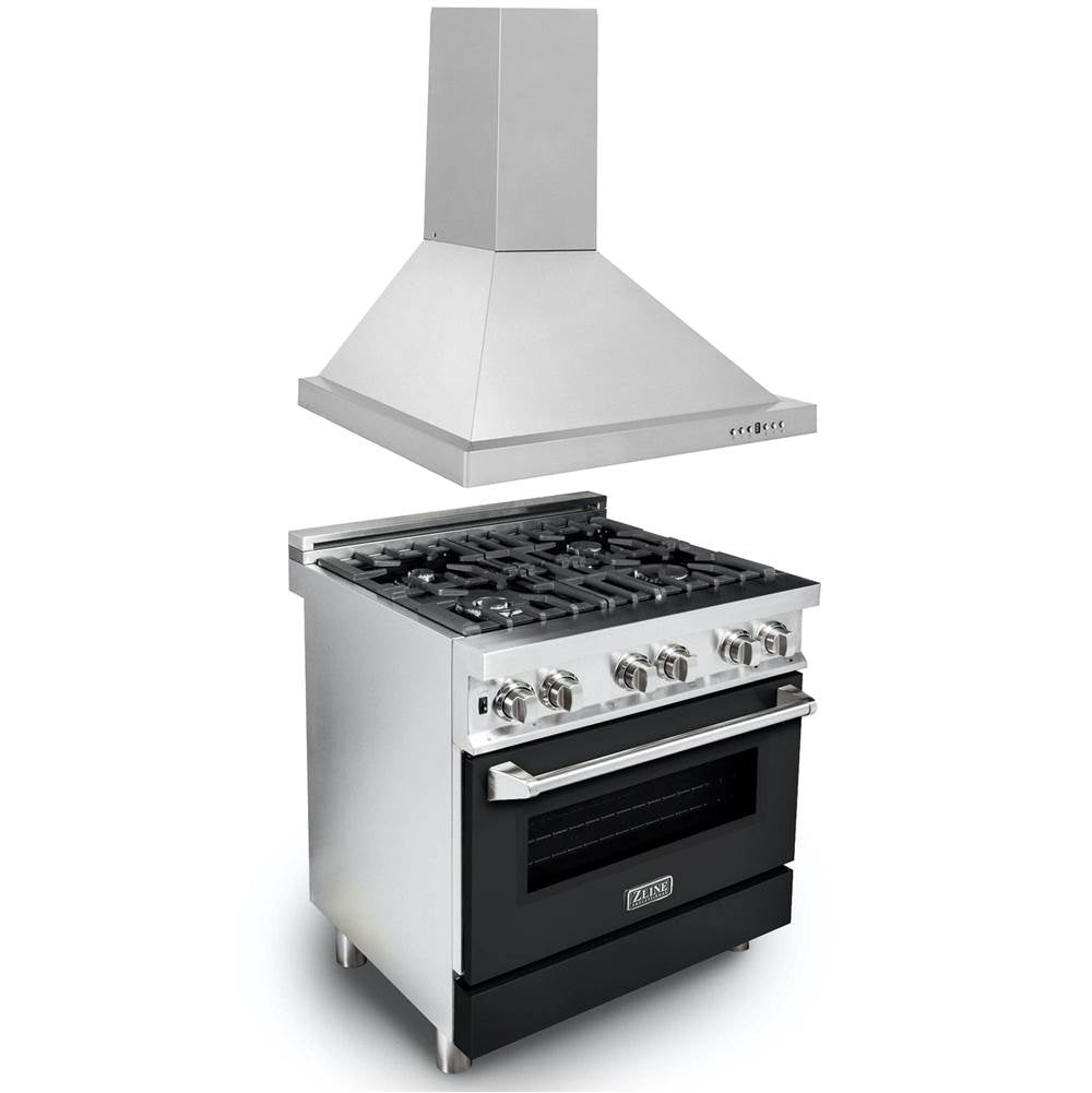 Z-Line - 30'' Kitchen Package with Stainless Steel Dual Fuel Range with Black Matte Door and Convertible Vent Range Hood - Stainless Steel