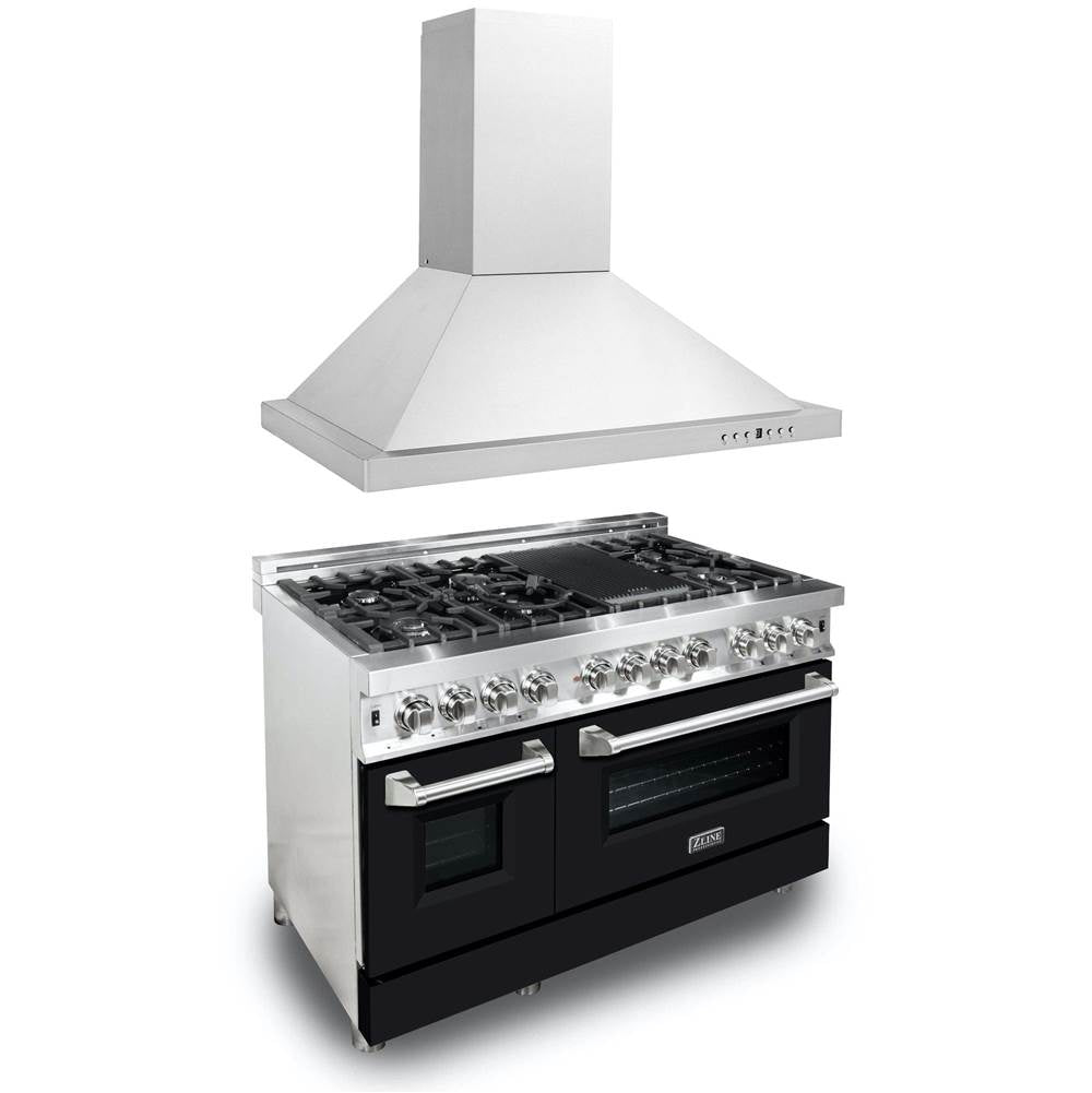 Z-Line - 48'' Kitchen Package with Stainless Steel Dual Fuel Range with Black Matte Door and Convertible Vent Range Hood - Stainless Steel