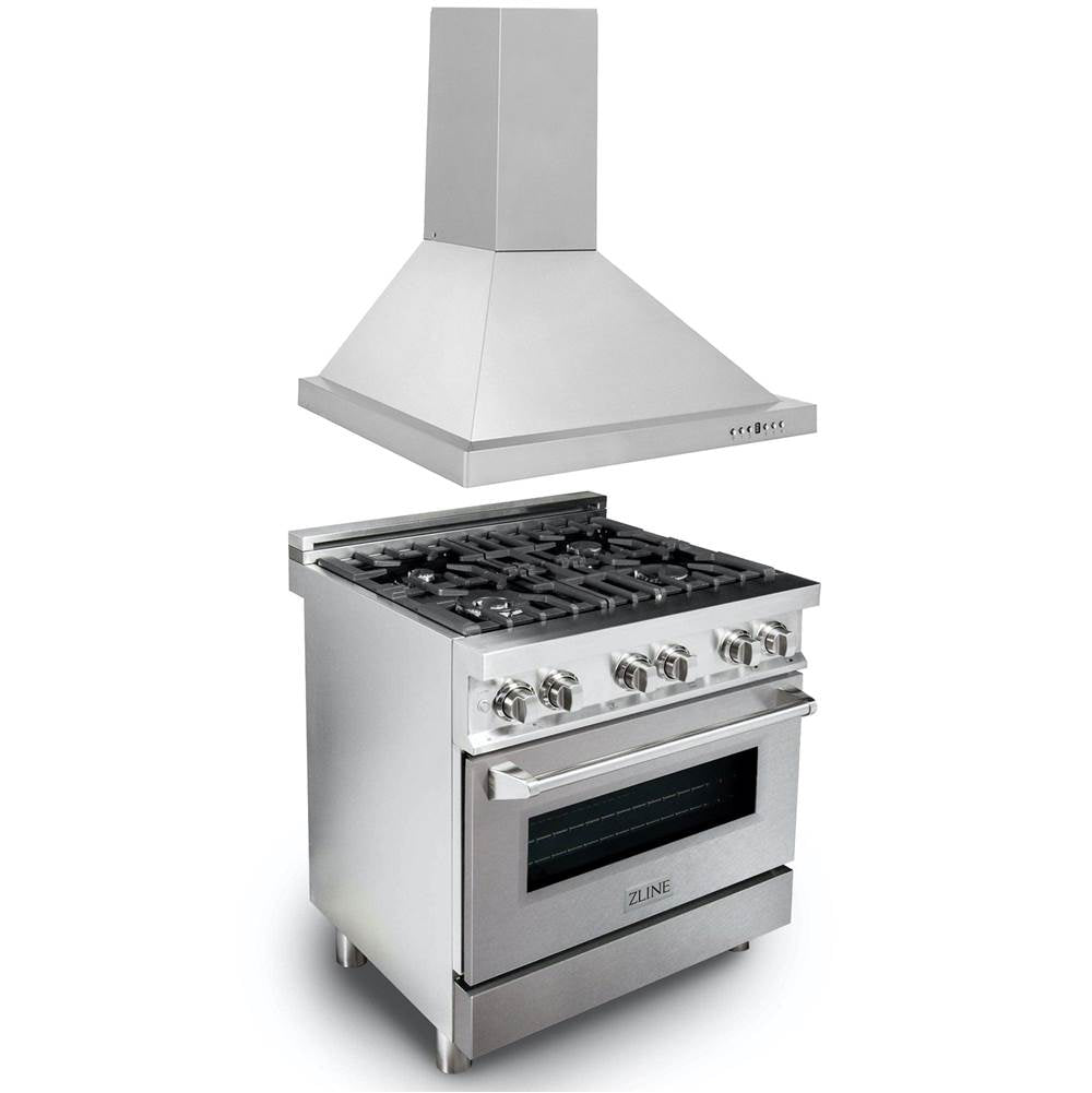 Z-Line - 30'' Kitchen Package with Stainless Steel Dual Fuel Range with DuraSnow Door and Convertible Vent Range Hood - Stainless Steel