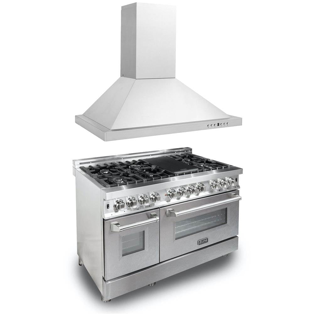 Z-Line - 48'' Kitchen Package with Stainless Steel Dual Fuel Range with DuraSnow Door and Convertible Vent Range Hood - Stainless Steel