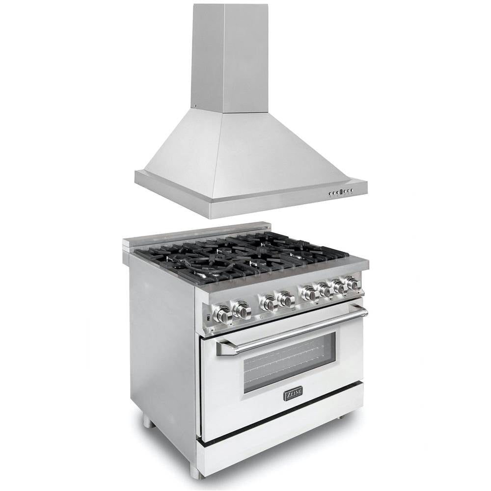 Z-Line - 36'' Kitchen Package with Stainless Steel Dual Fuel Range with Whiite Matte Door and Convertible Vent Range Hood - Stainless Steel