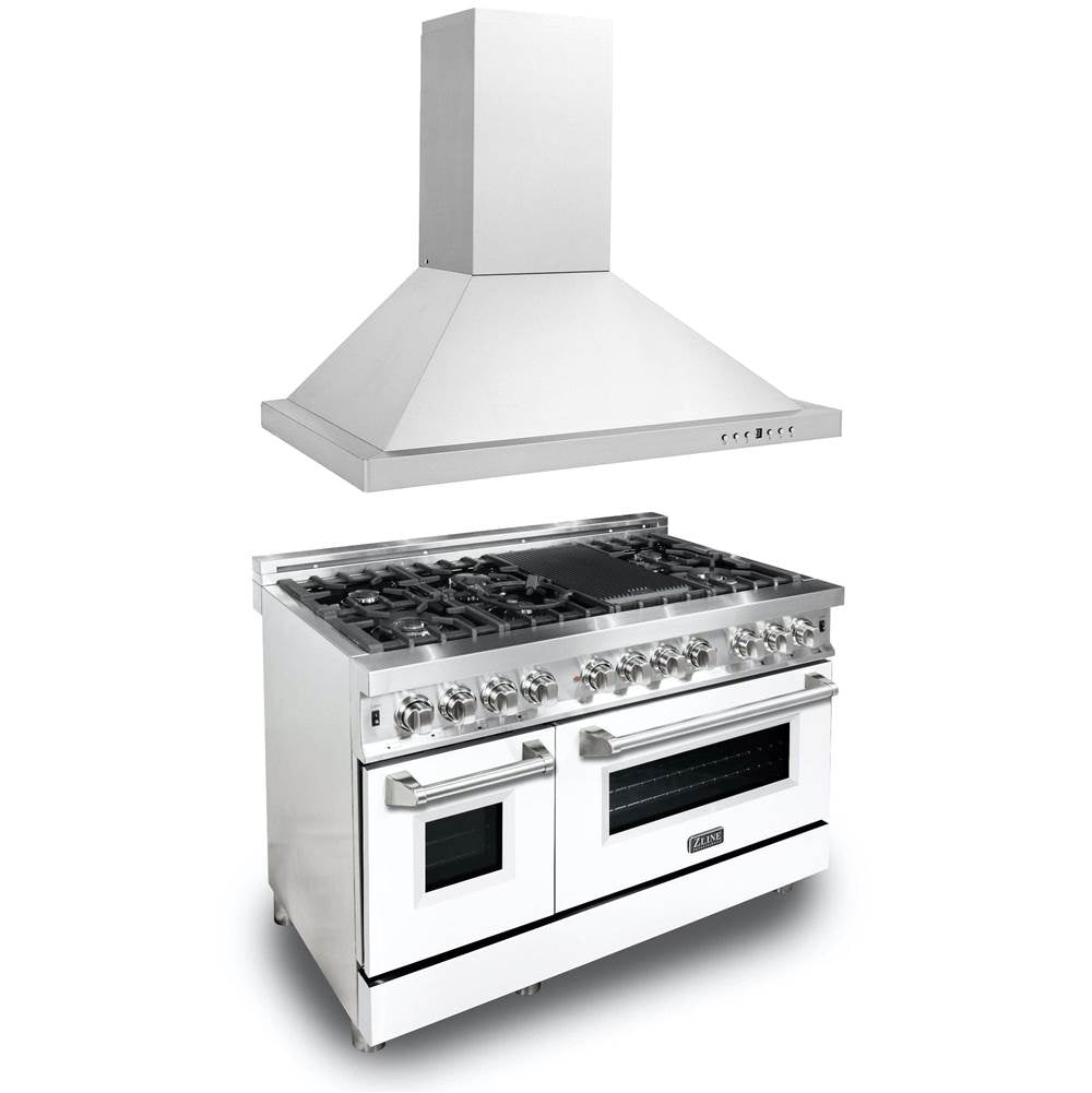 Z-Line - 48'' Kitchen Package with Stainless Steel Dual Fuel Range with Whiite Matte Door and Convertible Vent Range Hood - Stainless Steel