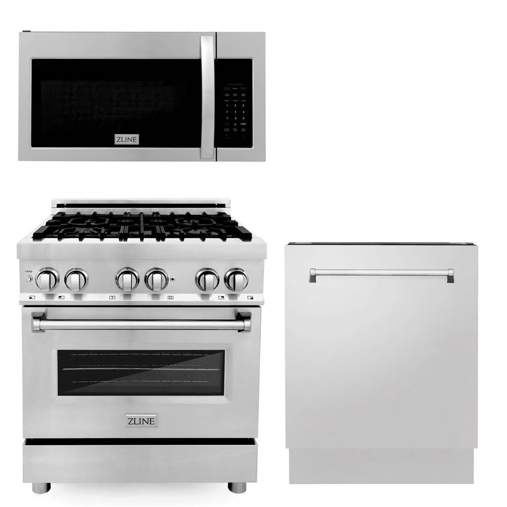 Z-Line - 30'' Kitchen Package with Stainless Steel Dual Fuel Range, Modern Over The Range Microwave and Tall Tub Dishwasher - Stainless Steel