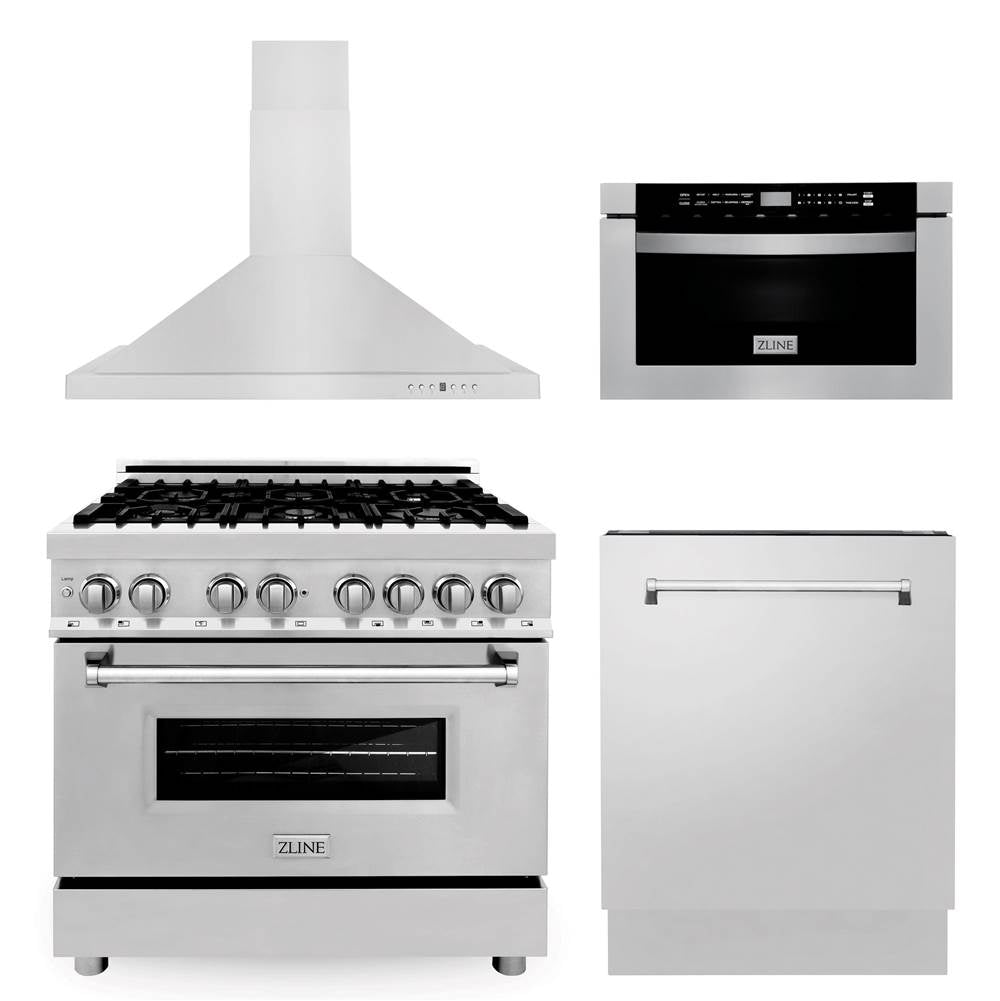 Z-Line - 36'' Kitchen Package with Stainless Steel Dual Fuel Range, Range Hood, Microwave Drawer and Tall Tub Dishwasher - Stainless Steel