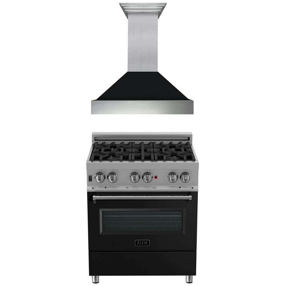 Z-Line - 30'' Kitchen Package with DuraSnow Stainless Steel Dual Fuel Range with Black Matte Door and Convertible Vent Range Hood - Stainless Steel