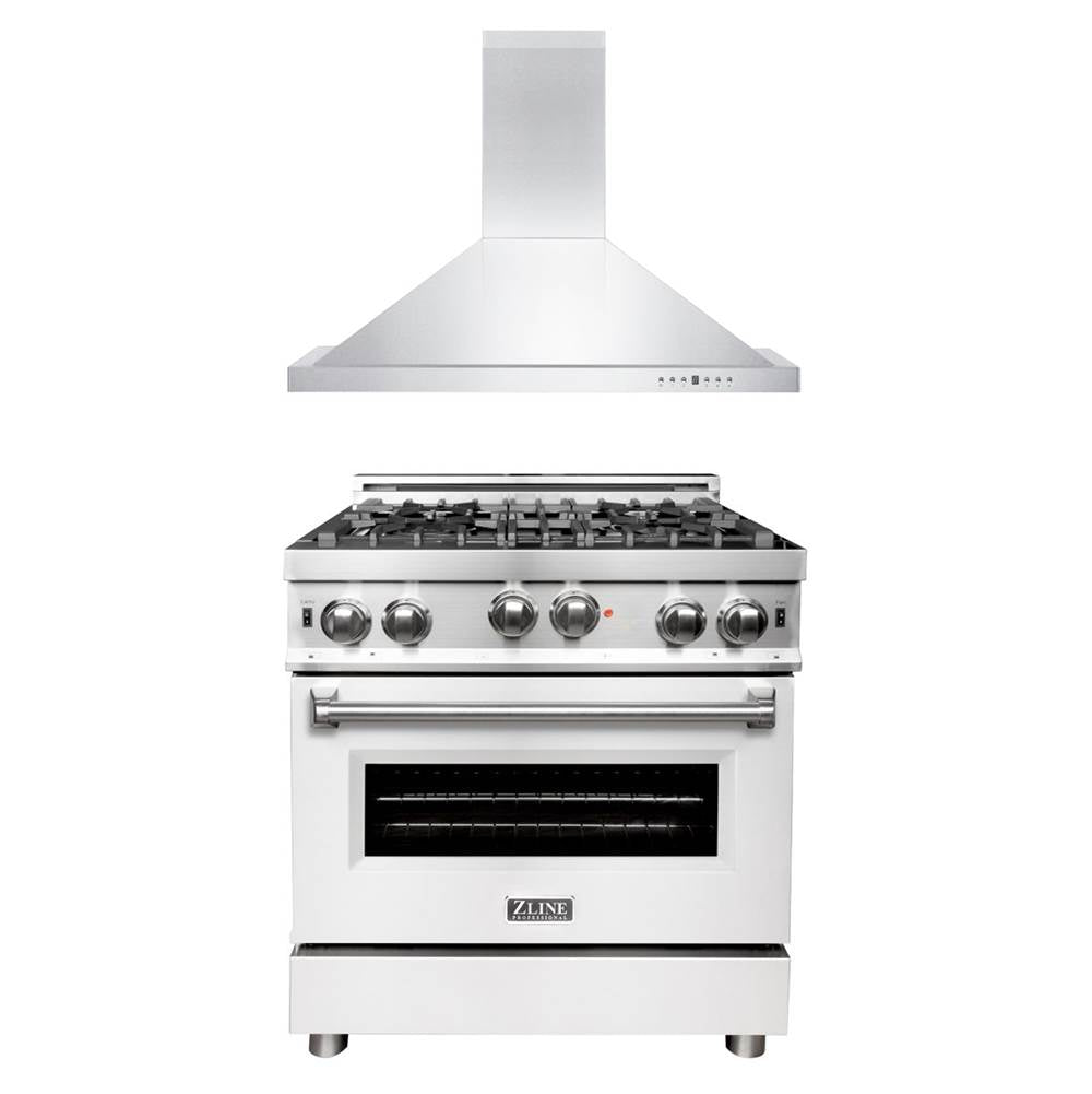 Z-Line - 30'' Kitchen Package with Stainless Steel Gas Range with White Matte Door and Convertible Vent Range Hood - Stainless Steel