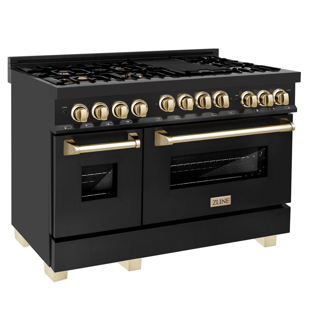 Z-Line - Autograph Edition 48'' 6.0 cu.' Range with Gas Stove and Gas Oven in Black Stainless Steel with Gold Accents