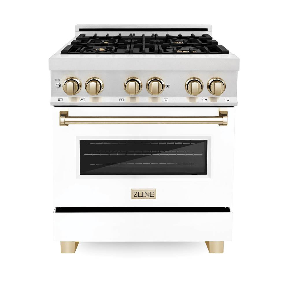 30'' 4.0 cu.' Range with Gas Stove and Gas Oven in DuraSnow Stainless Steel with White Matte Door and Champagne Bronze Accents
