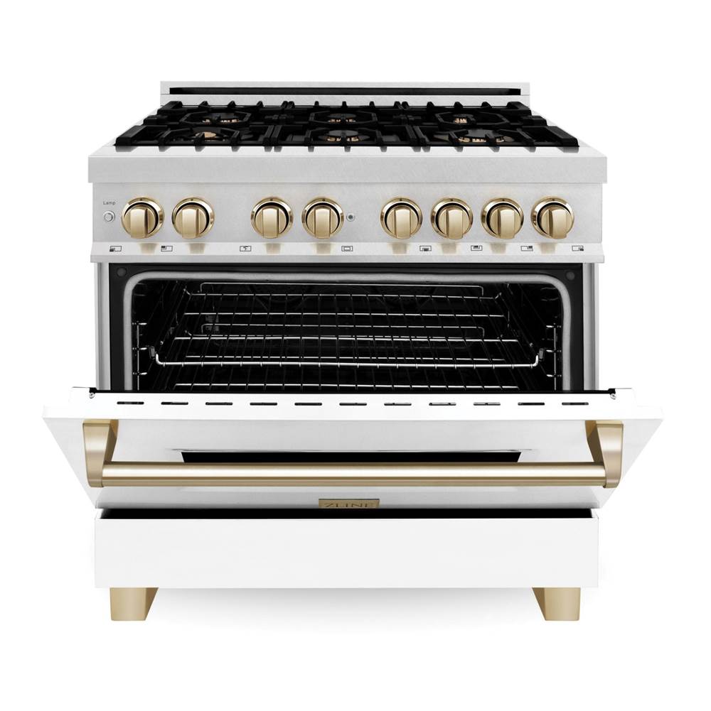 36'' 4.6 cu.' Range with Gas Stove and Gas Oven in DuraSnow Stainless Steel with White Matte Door and Champagne Bronze Accents